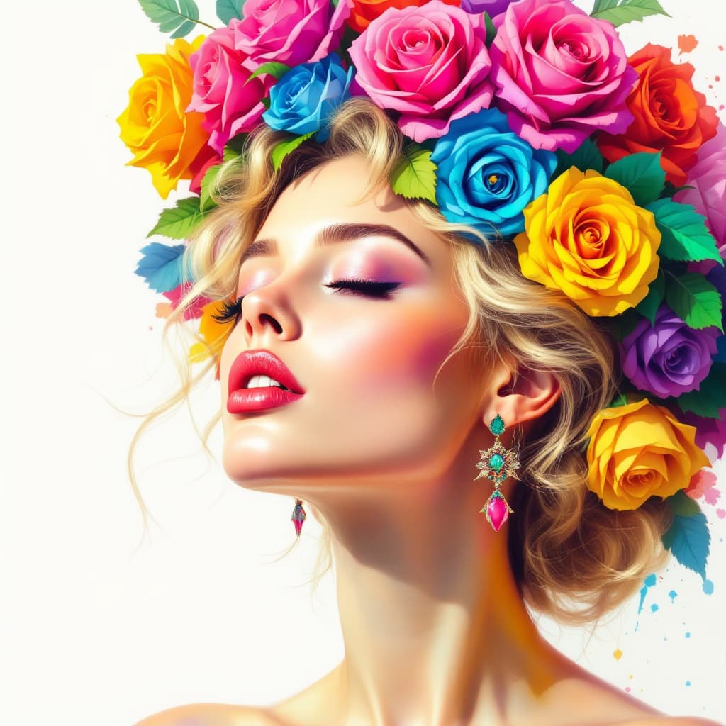 AI generated: A captivating and vibrant sketch drawing of a sophisticated woman, adorned with bold, bright hues of...