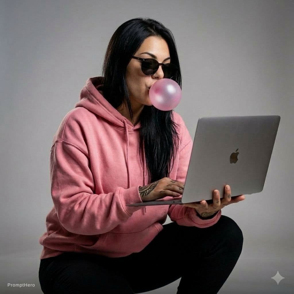 AI generated: coloque uma bola de chiclete rosa saindo da minha boca como se eu estivesse fazendo