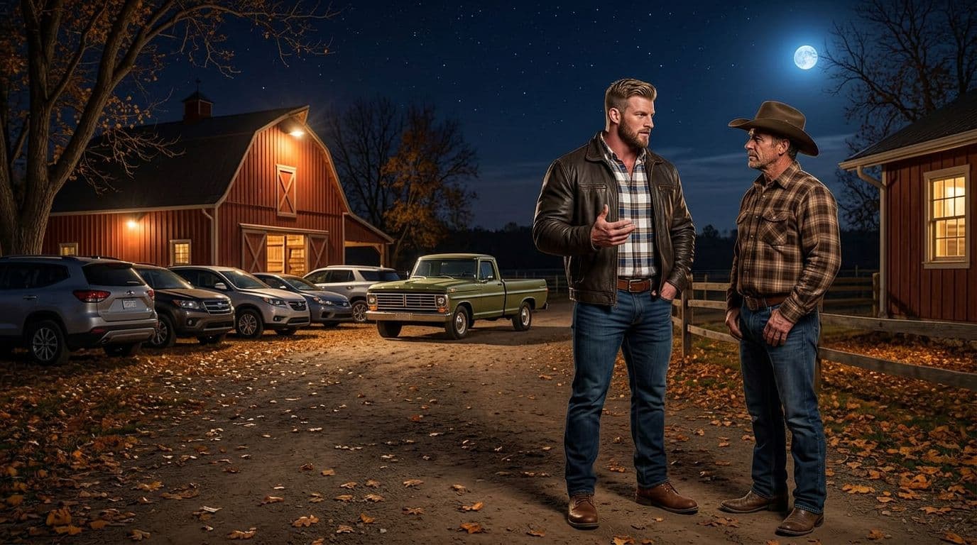 AI generated: In an Autumn night at a ranch. The vintage olive green Ford pick up truck is parked between other mo...