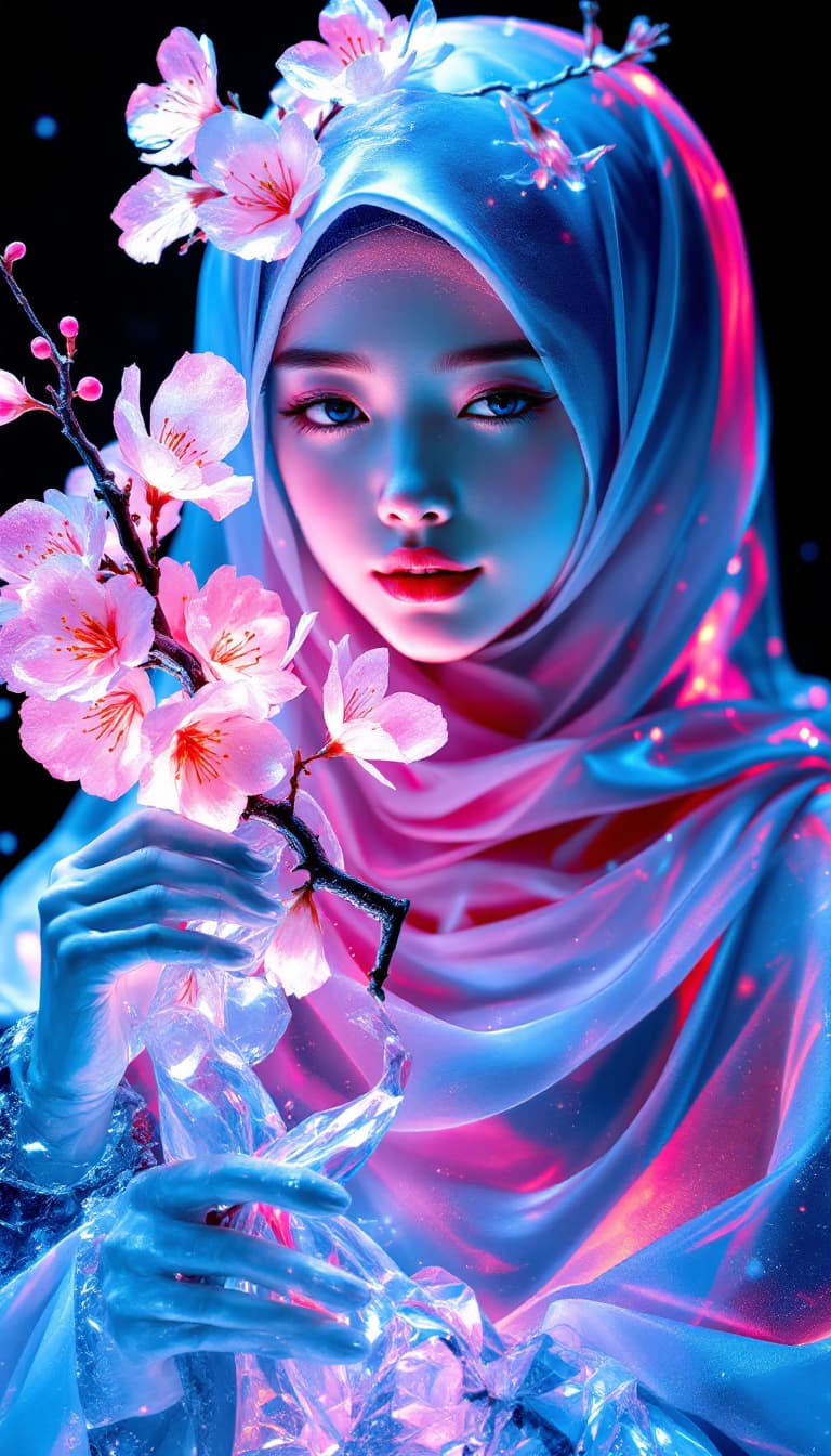 AI generated: Ultra-realistic and ultra-detailed ice sculpture of a young, beautiful East Asian woman wearing a hi...
