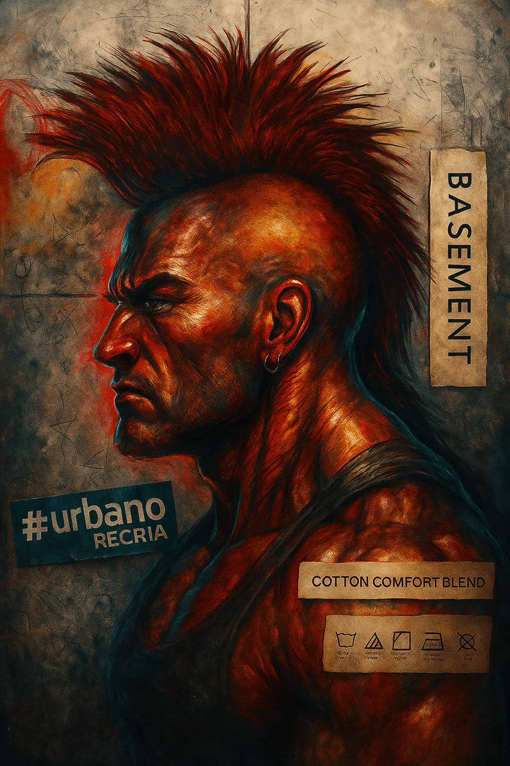 AI generated: A powerful portrait of a rock man in profile, muscular neck and jaw, mohawk hair spiked upward, expr...