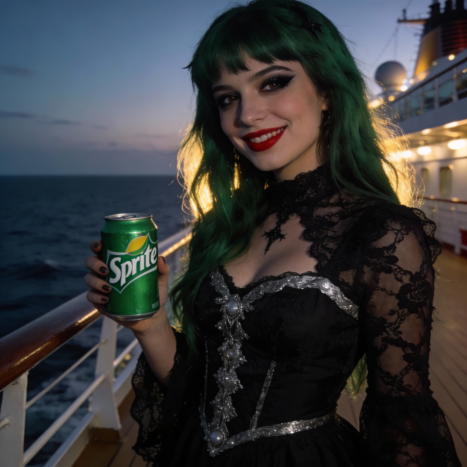 AI generated: Adult Goth girl holding sprite can at a cruise smiling green hair 