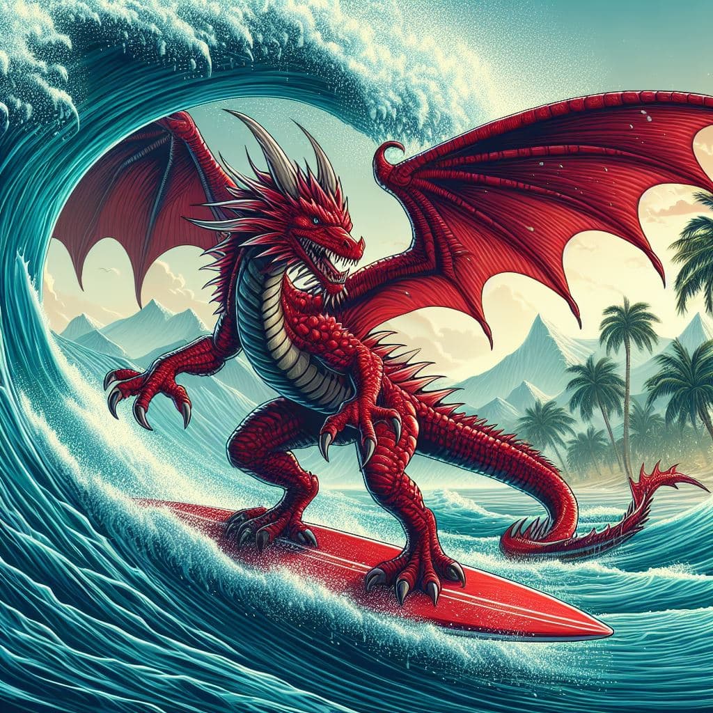AI generated: big red dragon surfing