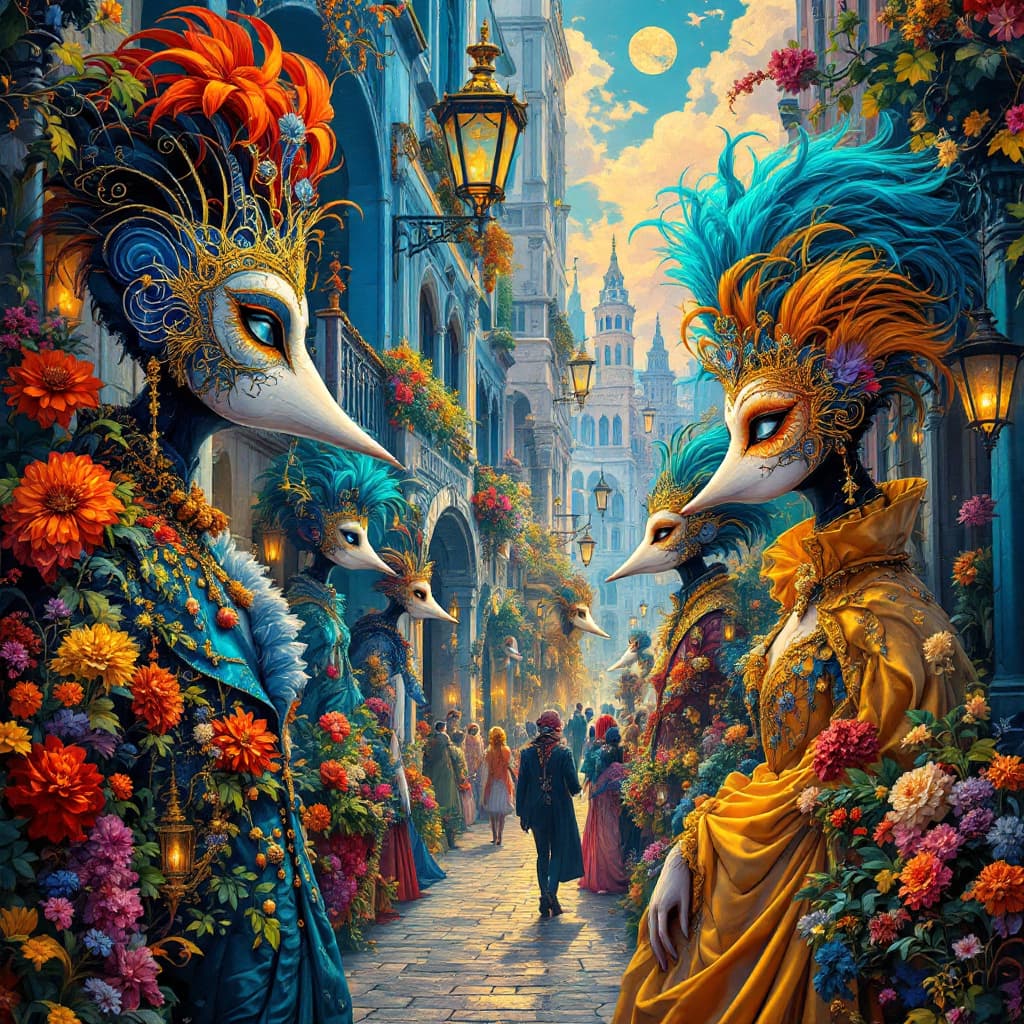 AI generated: A majesticfarcical scene unfolding in the heart of Venice, with ornate masks and lavish attire, set ...