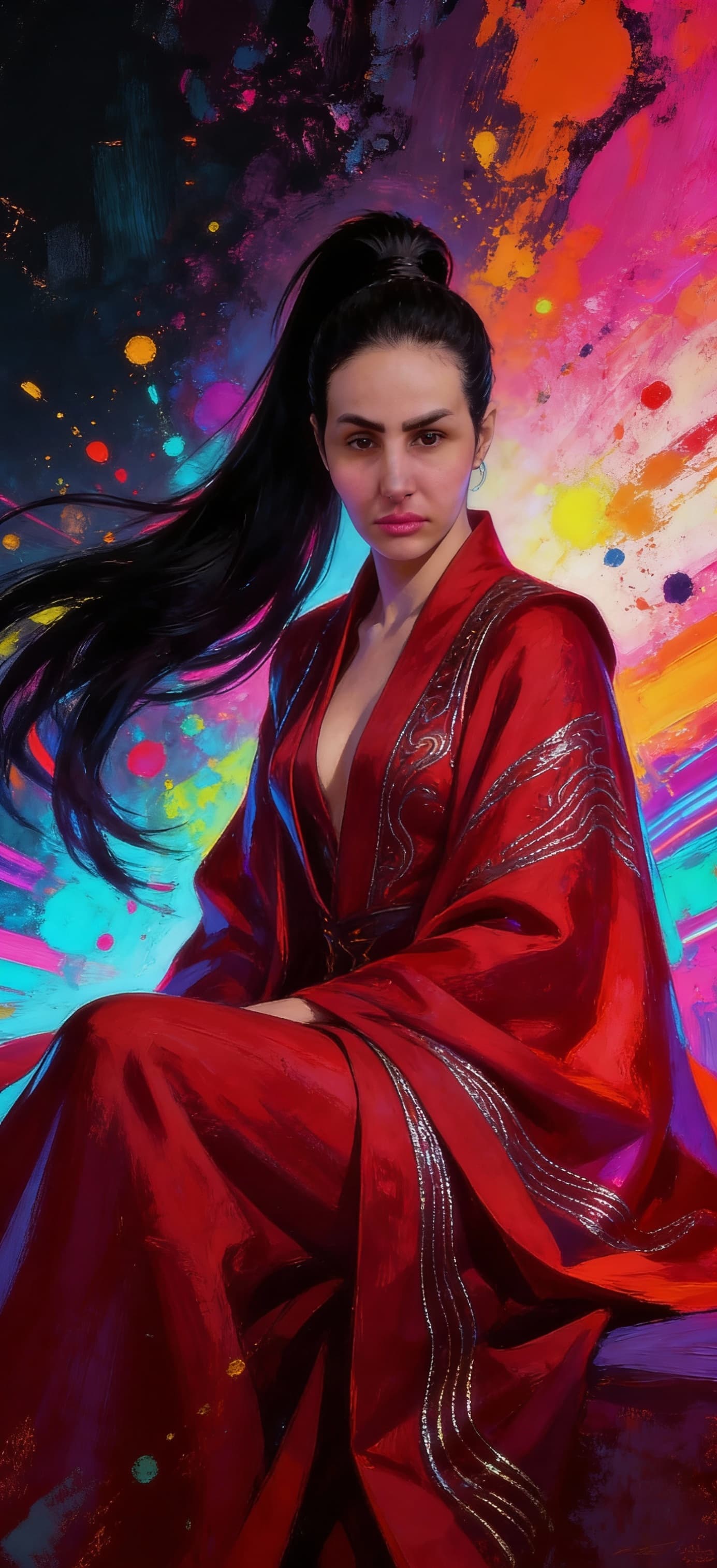 AI generated: A commanding, seductive young empress stands at the center, her long obsidian hair styled in a high,...