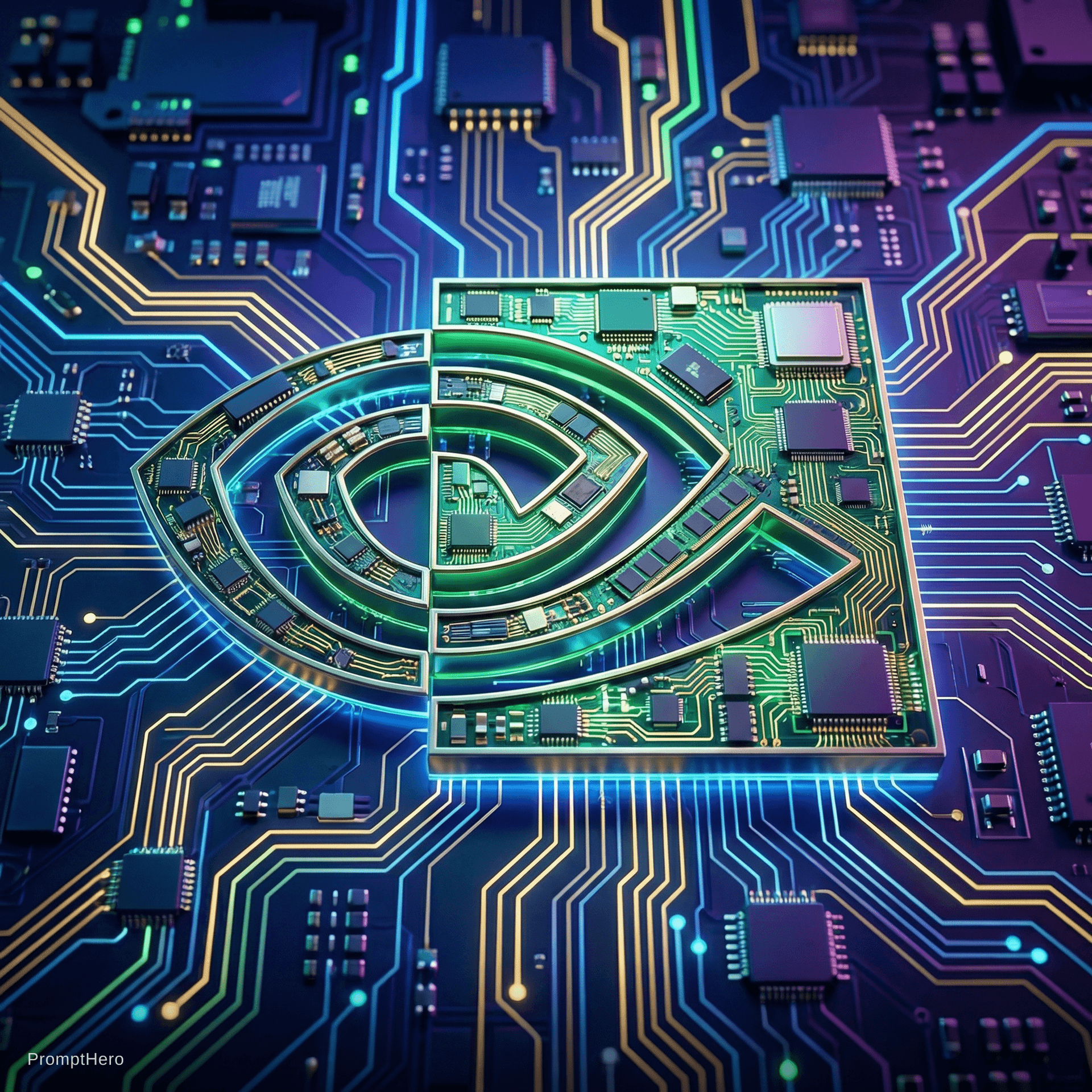 AI generated: the nvidia logo made from computer chips on a motherboard with circuits flowing into the logo

