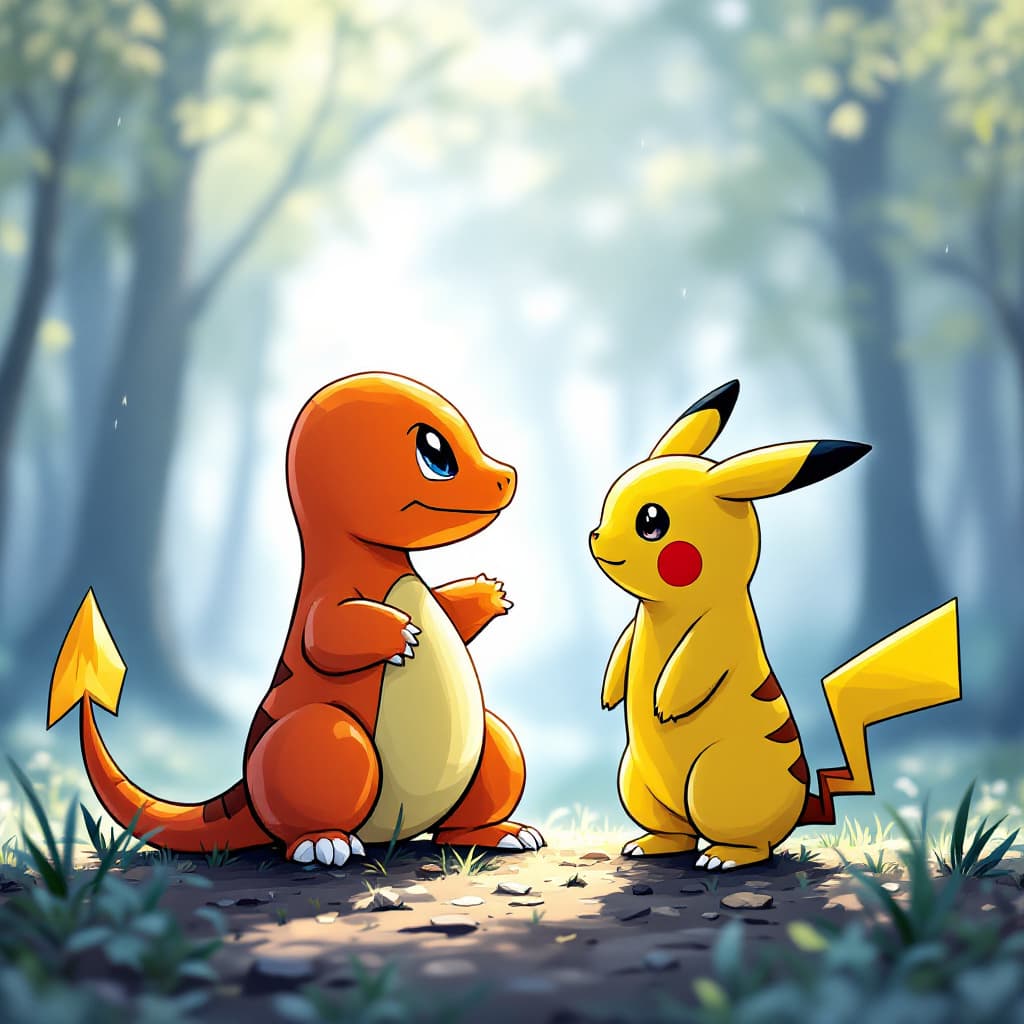 AI generated: charmander and Pikachu look at each other