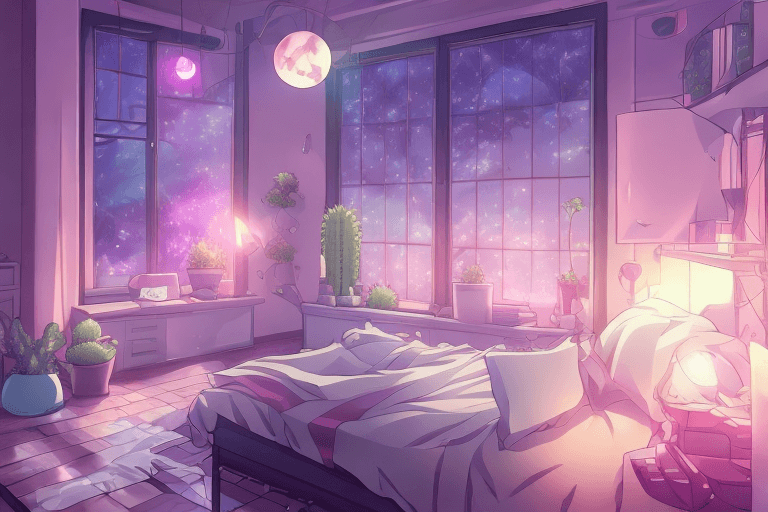 AI generated: aesthetic bedroom, anime style, night, plants, cute, cactus, purple soft lights, gamer otaku, anime,...