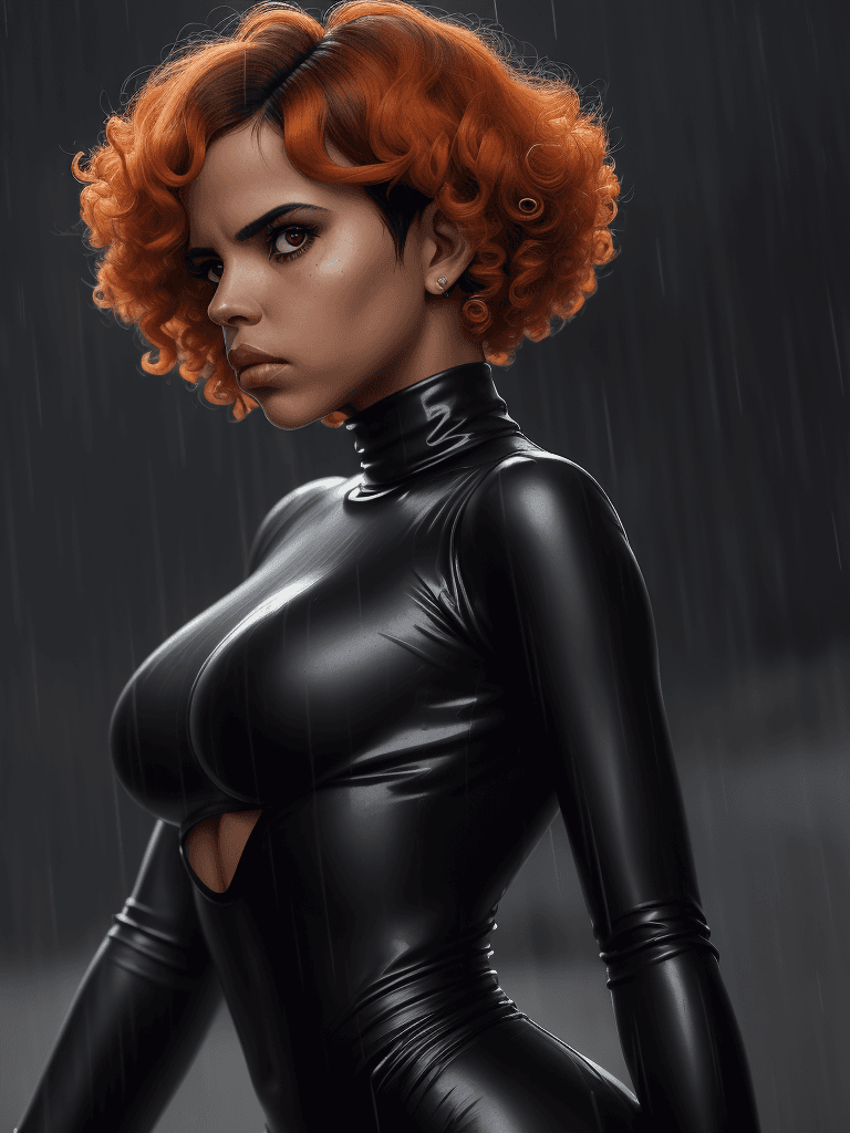AI generated: a woman with short peppered hair, gigantic tight ringlets,  standing in the rain, (Natalie Morales),...