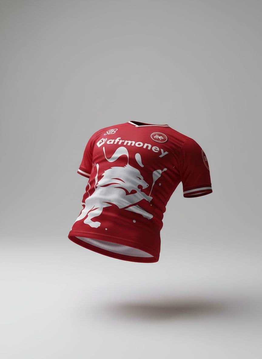 AI generated: A realistic 3D mock-up of a red soccer jersey in an “Athletic Crunch” lower torso pose, focusing on ...