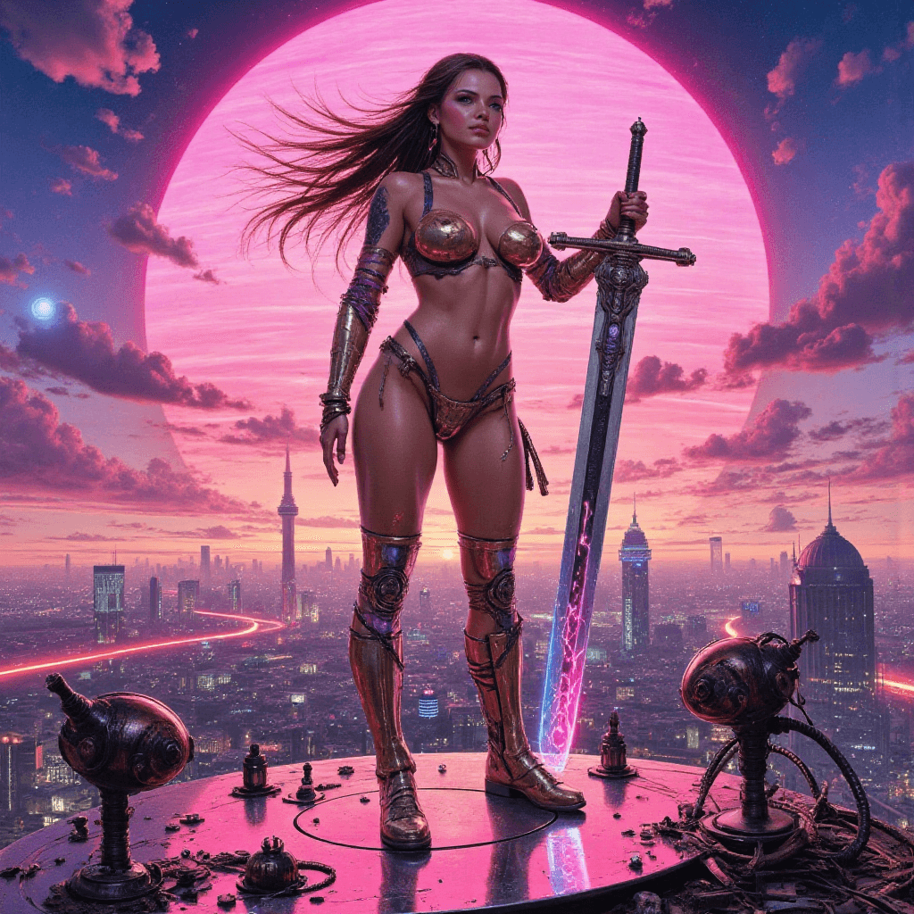 AI generated: : Craft an Old Master painting-style image ofI A powerful and sensual female warrior (1.8) stands ta...