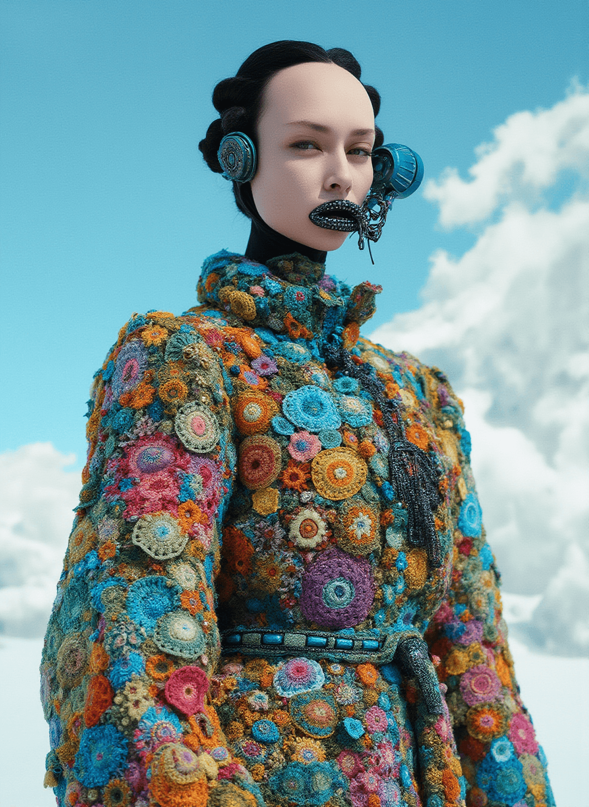 AI generated: fashion editorial, photo of a model with crocheted gucci clothes by Alessandro Michele, highly detai...
