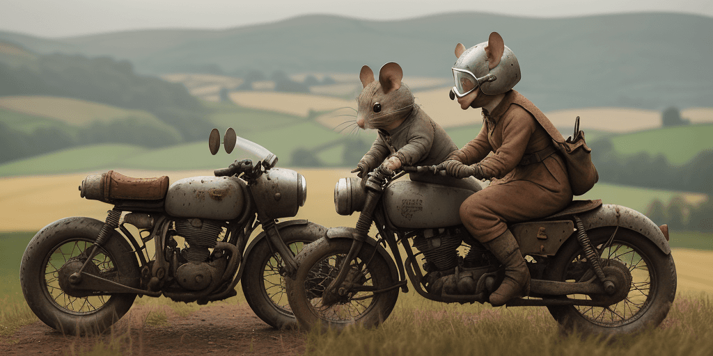 AI generated: cinematic film still award winning photo, style beatrix potter, 2 grey mice, wearing open face crash...