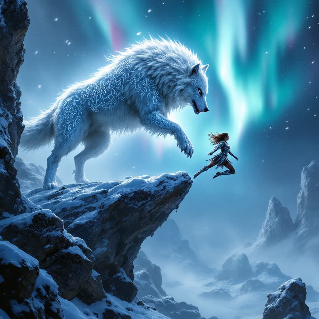 AI generated: Under the shimmering aurora borealis, a gigantic, white wolf is magnificently decorated with frosty,...