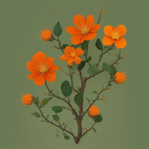 AI generated: Flower garden with orange flowers, very thin green stem, with abundant branches of thorns