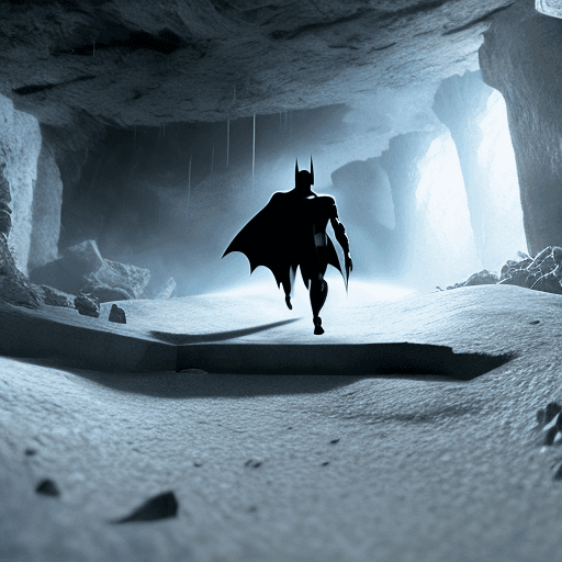 AI generated:  batman entering the bat cave, in a white minimalistic suit,closeup shot, IMAX, 4k film