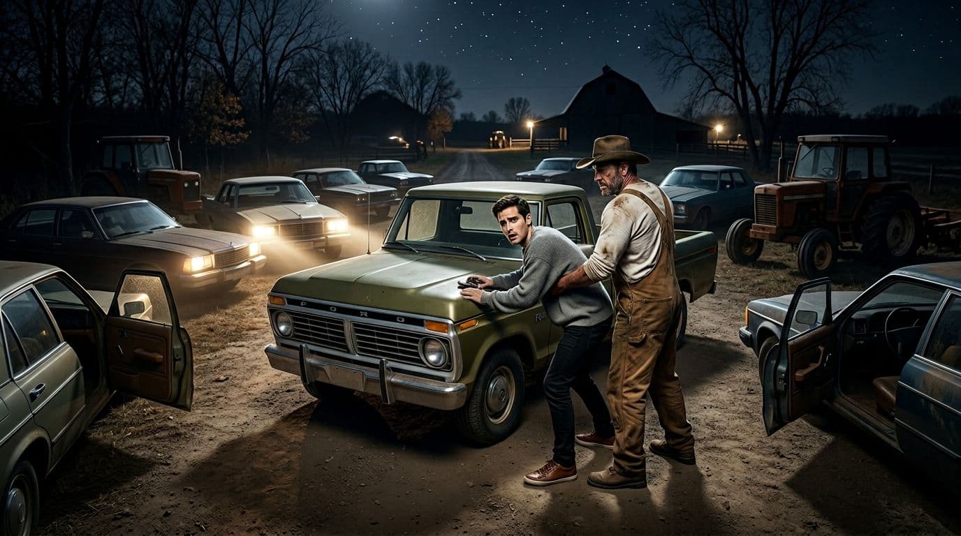 AI generated: In an Autumn night at a ranch. The vintage olive green Ford pick up truck is parked between nine car...