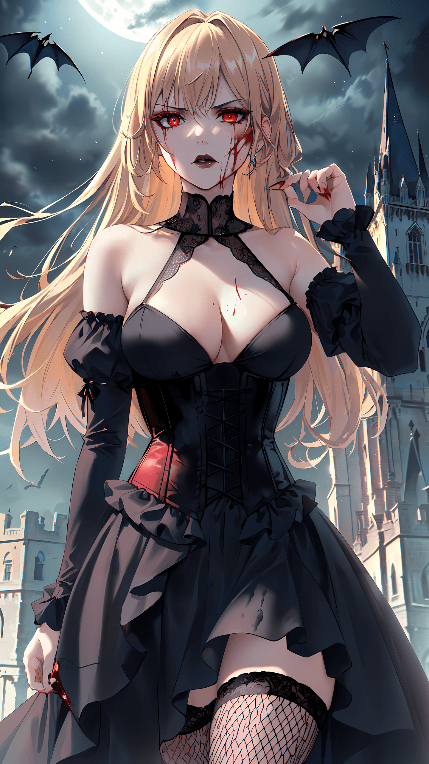 AI generated: (masterpiece , award winning , highest quality:1.2), 1girl vampire, detailed face, blood red eyes, p...