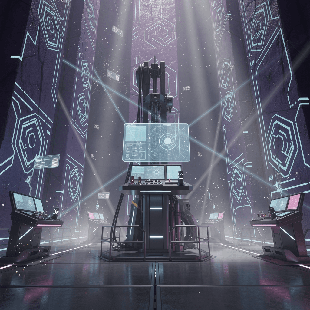 AI generated: futuristic machine room inside digital mine, purple #2A1B5E walls with embedded 
cyan light circuits...