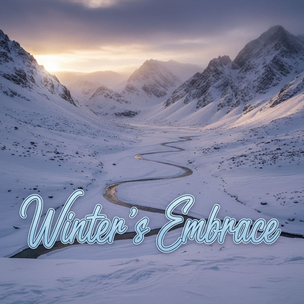 AI generated: Snowy mountain landscape, text in Merienda Script, flowing handwriting style