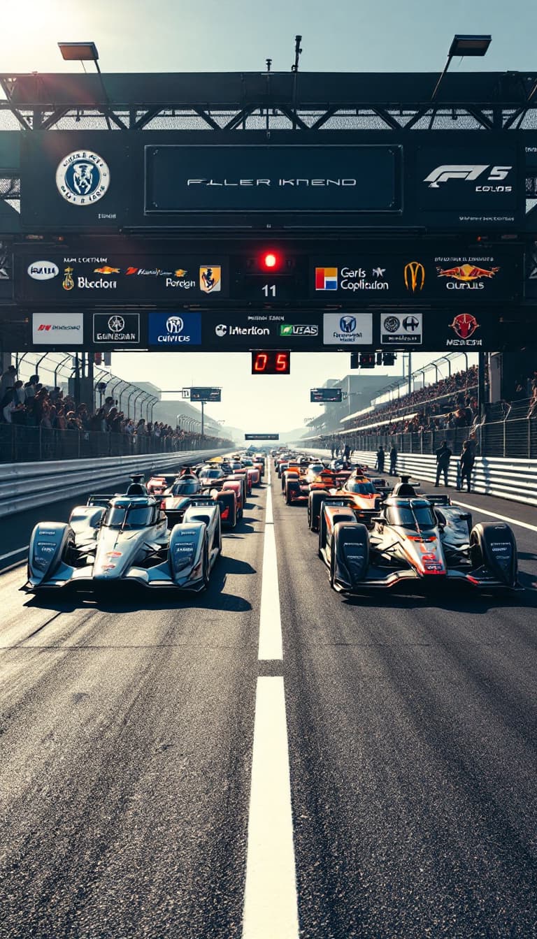 AI generated: Summer. At the beginning of the race track (a white stripe across the track), there are a few racing...