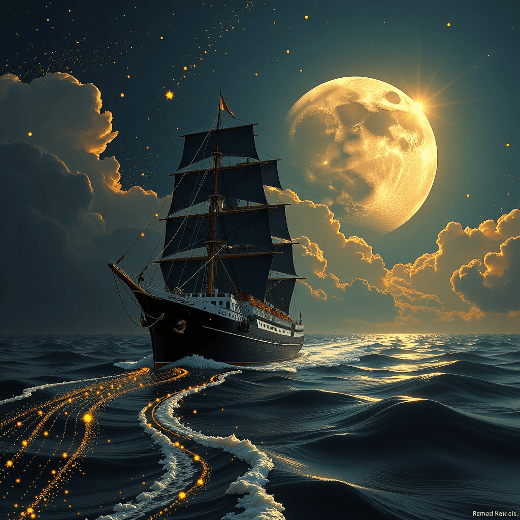 AI generated: An ocean liner sailing through a sea of liquid moonlight, its wake leaving trails of stardust, style...