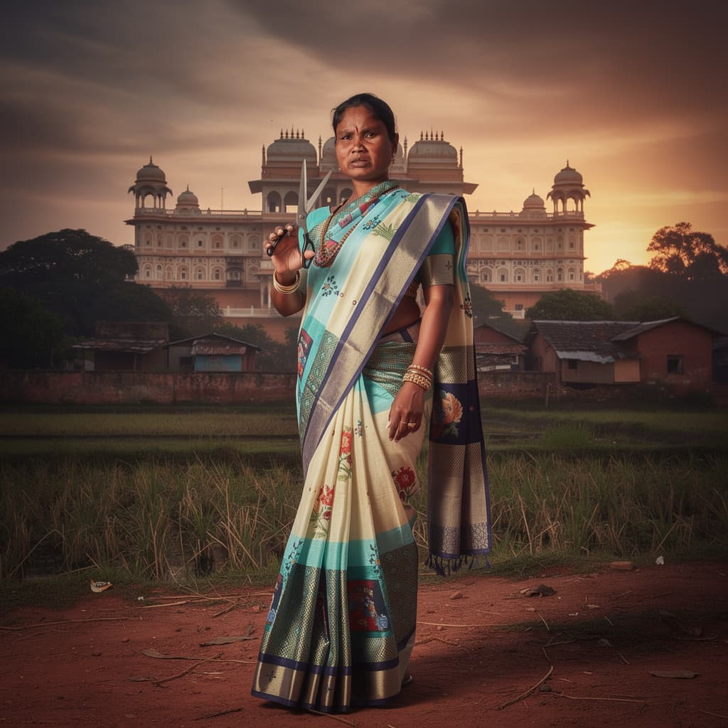 AI generated: An Indian hot lady stands with a bold, attractive expression in a stylish hot pose with scissors in ...