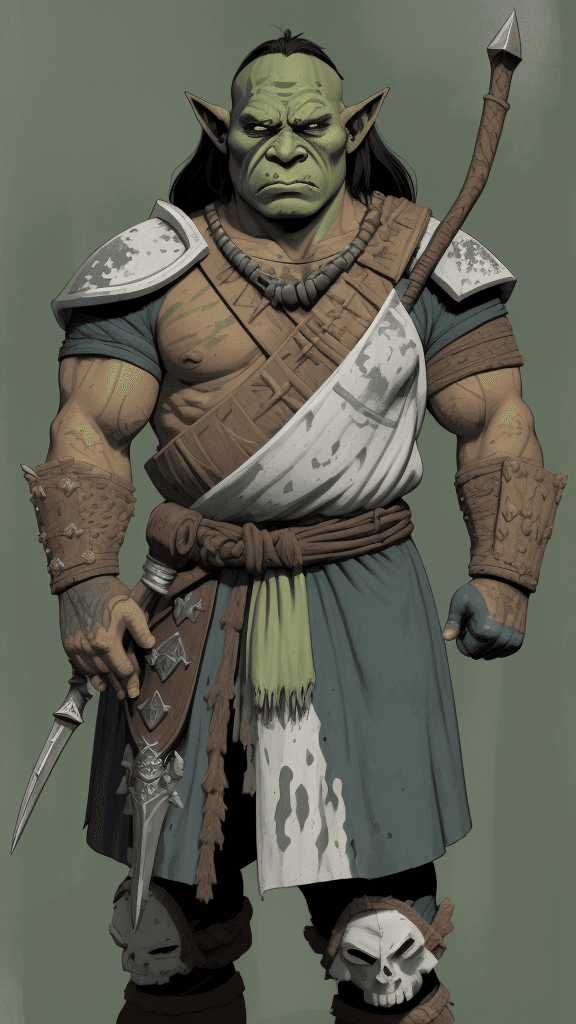 AI generated: a drawing of a orc with shield and bone club, in the style of adventure pulp, dark white and bronze,...
