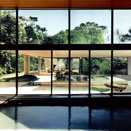 AI generated: hyper realistic eye level exterior photo of a mid century modern style house overlooking the ocean, ...
