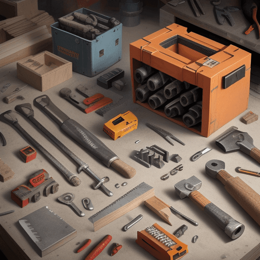 AI generated: Knolling of construction tools from the 60s, photoreal --s 750, hyper realistic, in 8k quality
