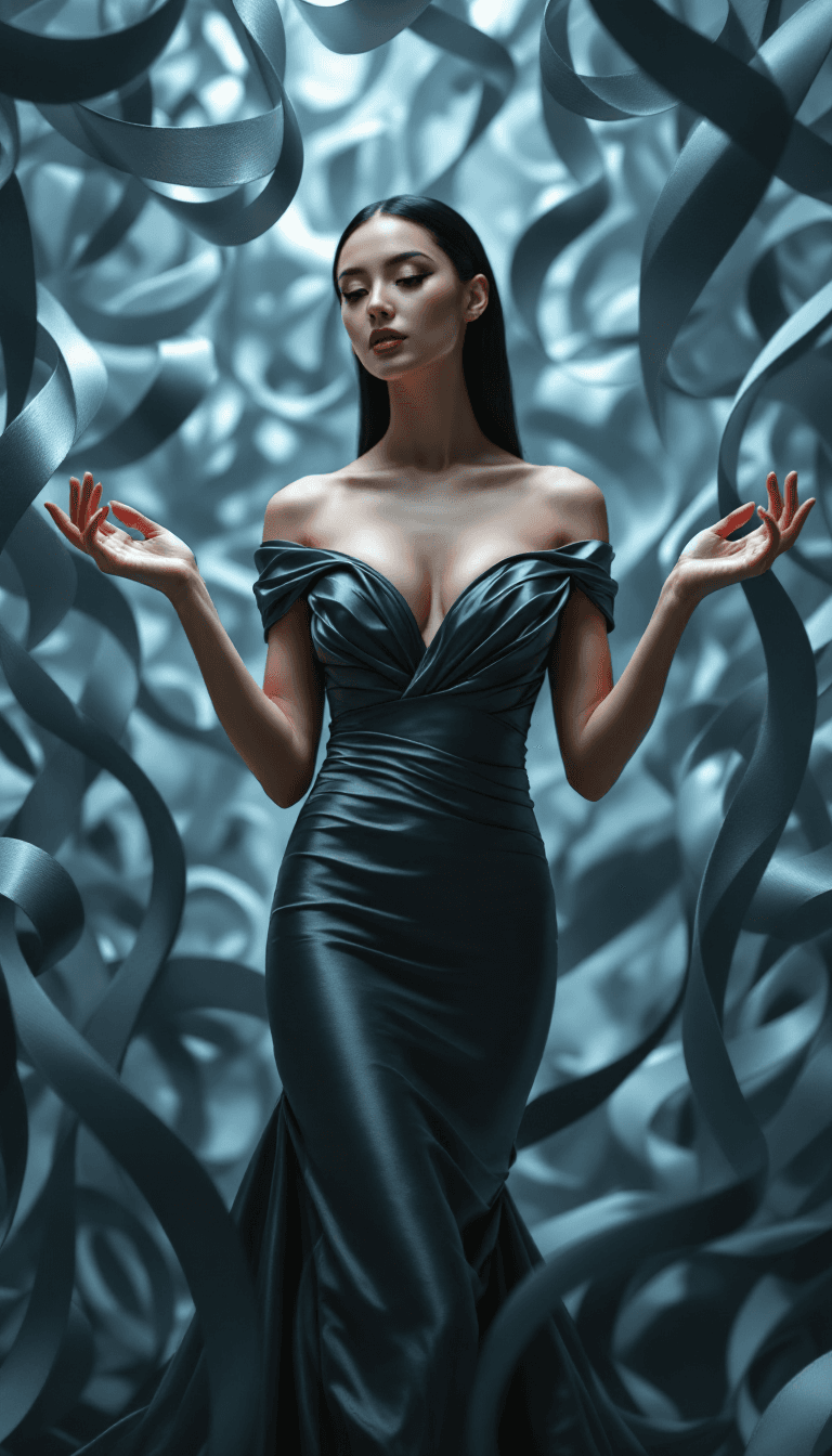 AI generated: The image features a woman standing confidently with both hands lightly touching the swirling, ribbo...