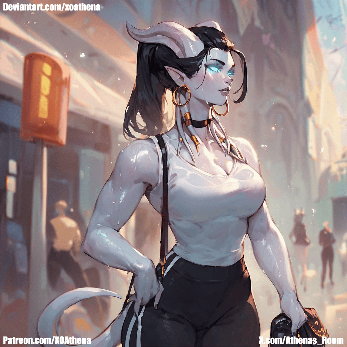 AI generated: 1draenei, sexy, gym clothes, white blouse, white skin, black pants