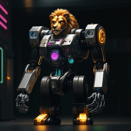 AI generated: create a cute toy lion, cyborg, made with mechanical parts, mechanical body, shiny, cyberpunk, refle...