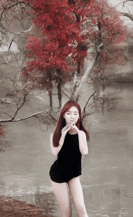 AI generated: photorealistic, ((1 woman)), (Korean idol-.1),  {{full body}}, standing near poll water, full colour...