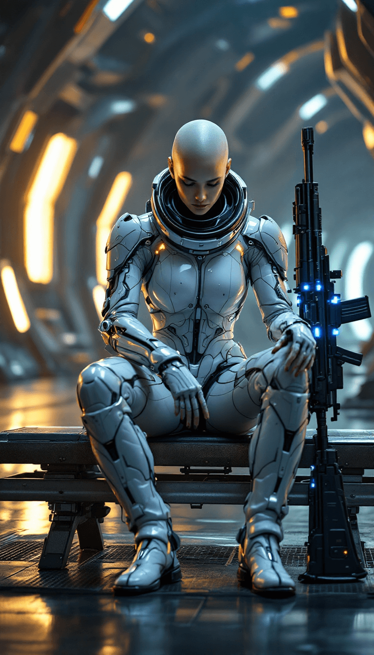 AI generated: Full-body view of a stunning, photorealistic image of a sci-fi warrior, clad in a sleek, high-tech s...
