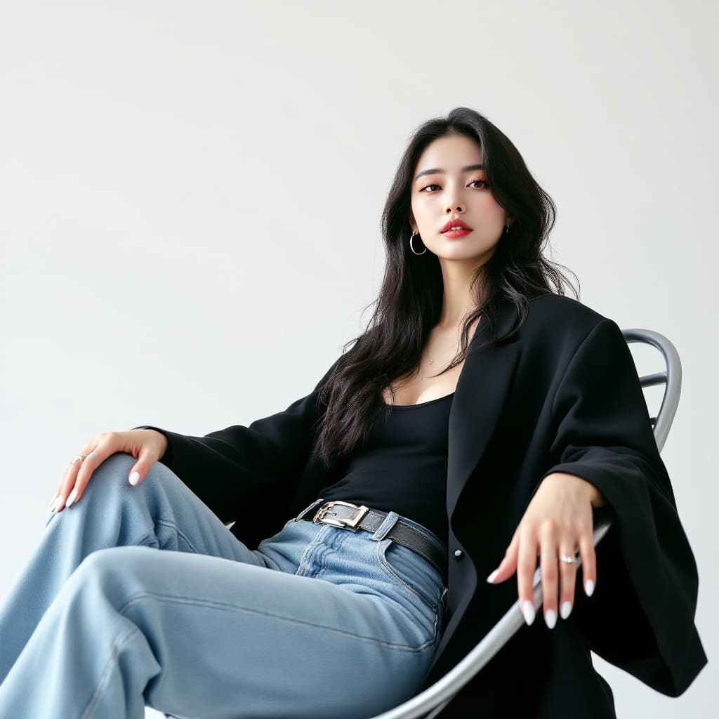 AI generated: create an image of a young korean woman model with long layered black waist length hair and beach wa...
