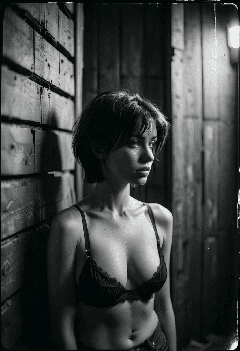 AI generated: analog black and white film photograph of a woman, dim dark moody lighting rule of thirds, short bla...