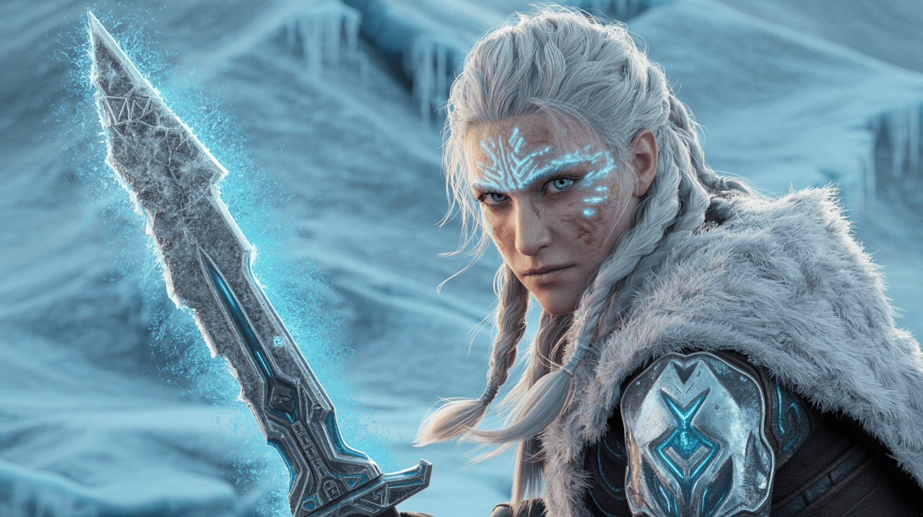 AI generated: A cinematic digital artwork featuring a resilient, female frost warrior in a resolute yet weary, bat...