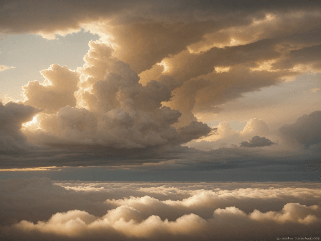 AI generated: the image is a sweeping landscape of clouds and sky, with a large window behind her that allows the ...