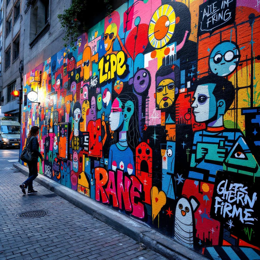 AI generated: Colorful and dynamic street art mural, depicting urban life with abstract figures, graffiti-style le...
