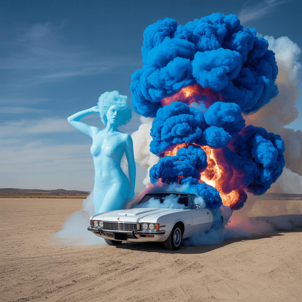 AI generated: A dramatic scene in a desert landscape features a classic white luxury car from front on a sandy, ba...