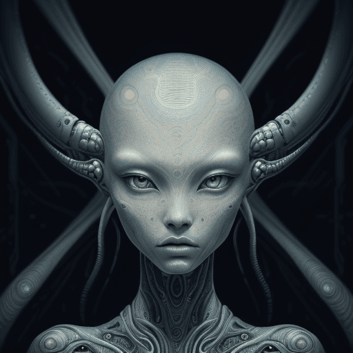 AI generated: alien art and illustration, in the style of balanced symmetry, detailed facial features, meticulous ...