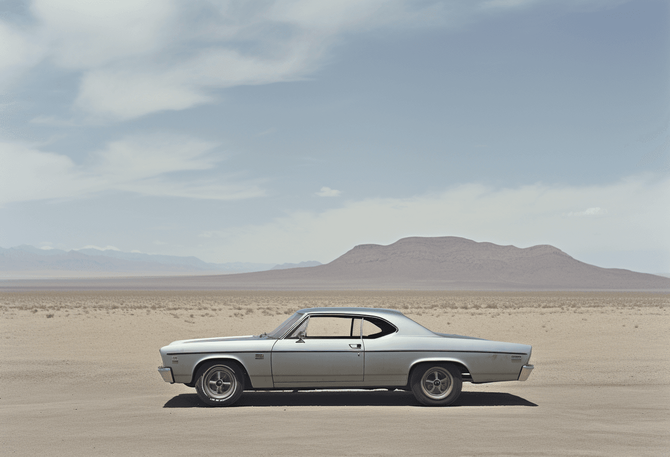 AI generated: a vintage chevelle in the desert, in the style of black mountain college, mamiya rb67, grisaille, mi...