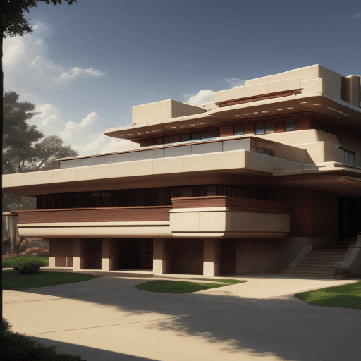 AI generated: Frank Lloyd Wright style. Futuristic. Daylight. Photorealistic.
