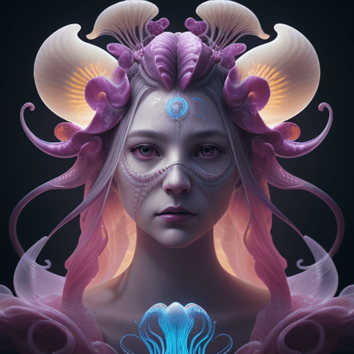 AI generated: Goddess close-up portrait ribcagel. jellyfish phoenix head, nautilus, orchid, skull, betta fish, bio...