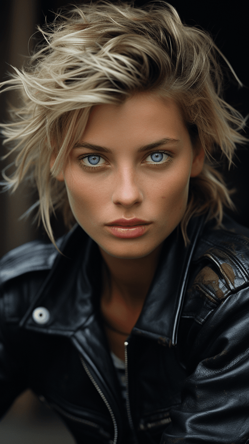 AI generated: face in focus, leather jacket, sitting on bike, Masterful portrait, epitome of photorealism, Swedish...