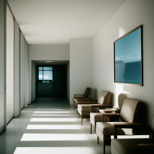 AI generated: Hyper realistic eye level IN TERIOR LOBBY MINIMALIST HOTEL  photo of a mid century modern style hous...