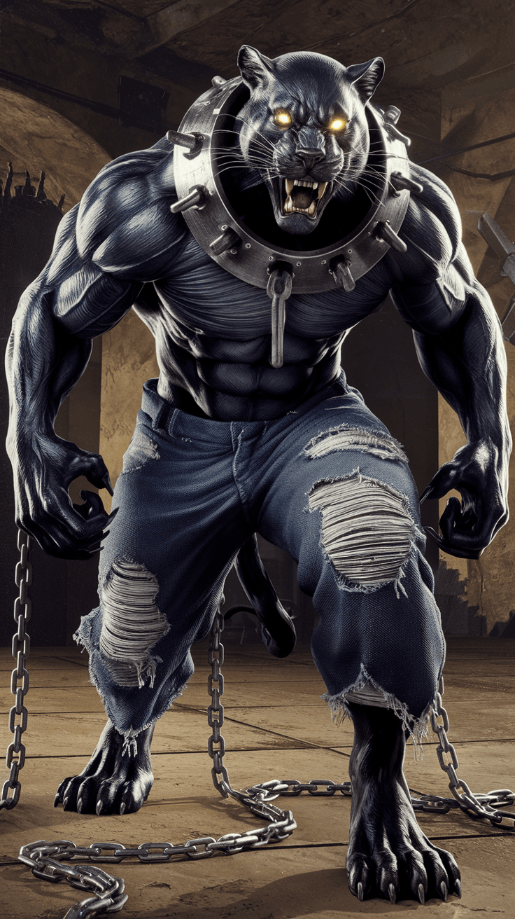 AI generated: A powerful humanoid black panther with extreme muscle definition, glowing yellow eyes, and a menacin...