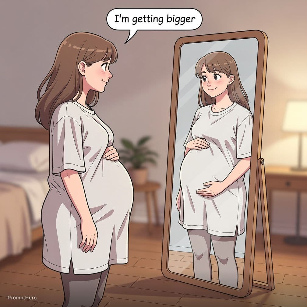 AI generated: pregnant woman standing in front of a mirror in a cozy bedroom, wearing oversized t-shirt and visibl...