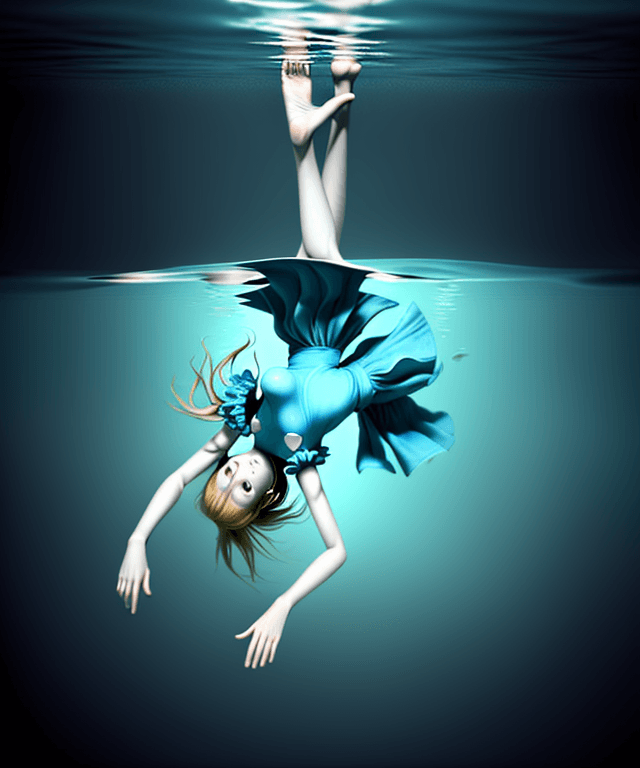 AI generated: alice floating horizontally under water.
realistic, not creepy
 arm pointing towards the surface